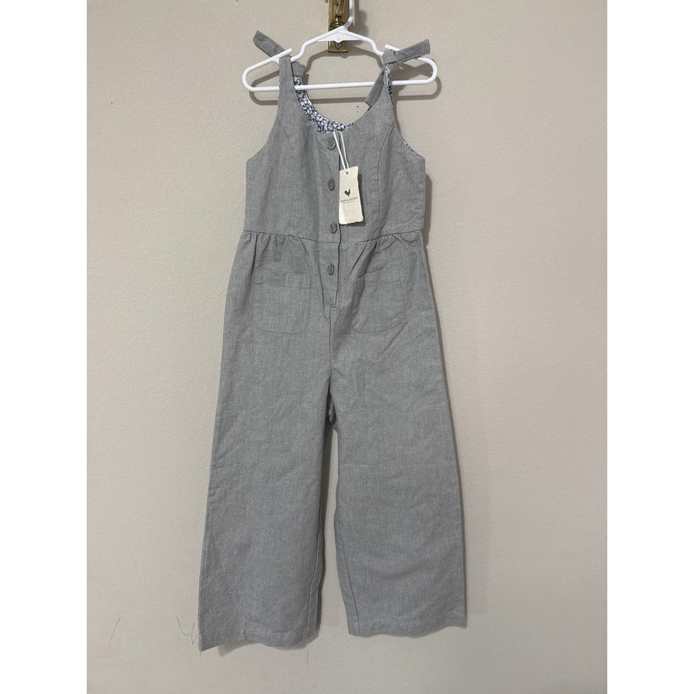 Hope & Henry Jumpsuit Kids Size 6 Grey Organic Cotton Tie Strap Wide Leg NWT‎